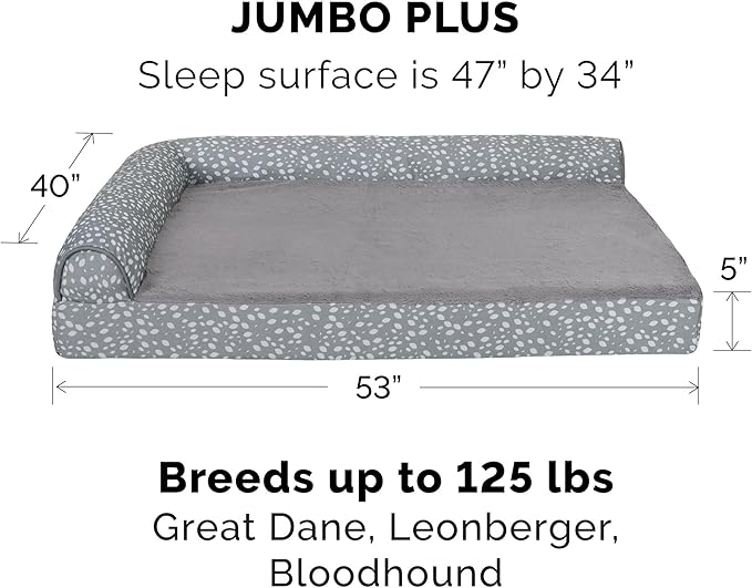 Furhaven Memory Foam Dog Bed for Large Dogs w/ Removable Bolsters & Washable Cover, For Dogs Up to 125 lbs - Plush & Almond Print L Shaped Chaise - Gray Almonds, Jumbo Plus/XXL