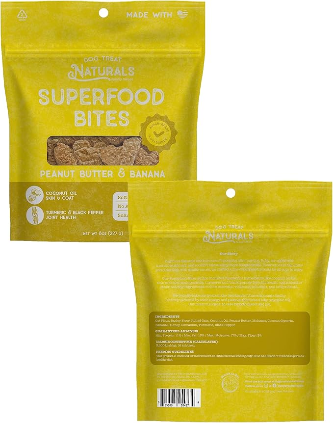 Dog Treat Naturals: Superfood Bites - Peanut Butter & Banana - 8oz Bag, Healthy Snacks, Chewy Reward, Turmeric for Joint Health (Pack of 2)