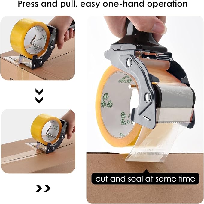 Rapid-Replace Tape Dispenser Gun with 2 Inch X 60 Yard Tape Roll (Transparent) and Extra Blade, Lightweight Ergonomic Heavy Handheld Duty Tape Cutter for Packaging and Box Sealing Black