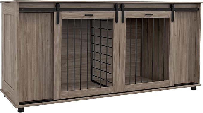 PawHut Dog Crate Furniture with Removable Divider for 2 Small Dogs or 1 Large Dog, 71" Modern Kennel Furniture End Table with Storage, Double Doors, Walnut