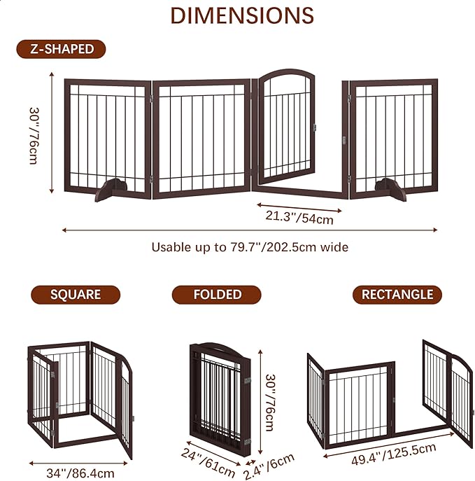 JSB 96-inch Extra Wide 30-inch Tall Dog gate with Door Walk Through, Freestanding Pet Gate for Halls, Stairs & Home, Pet Puppy Safety Dog Fence with 2PCS Support Feet (Espresso)