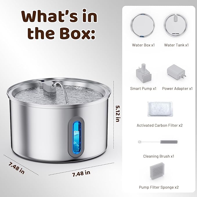 Cat Water Fountain Stainless Steel, 3.2L Cat Fountains for Drinking with Smart Quiet Pump and Water Level Window, Easy-to-Clean Automatic Pet Water Dispenser for Indoor Use, 2 Filters