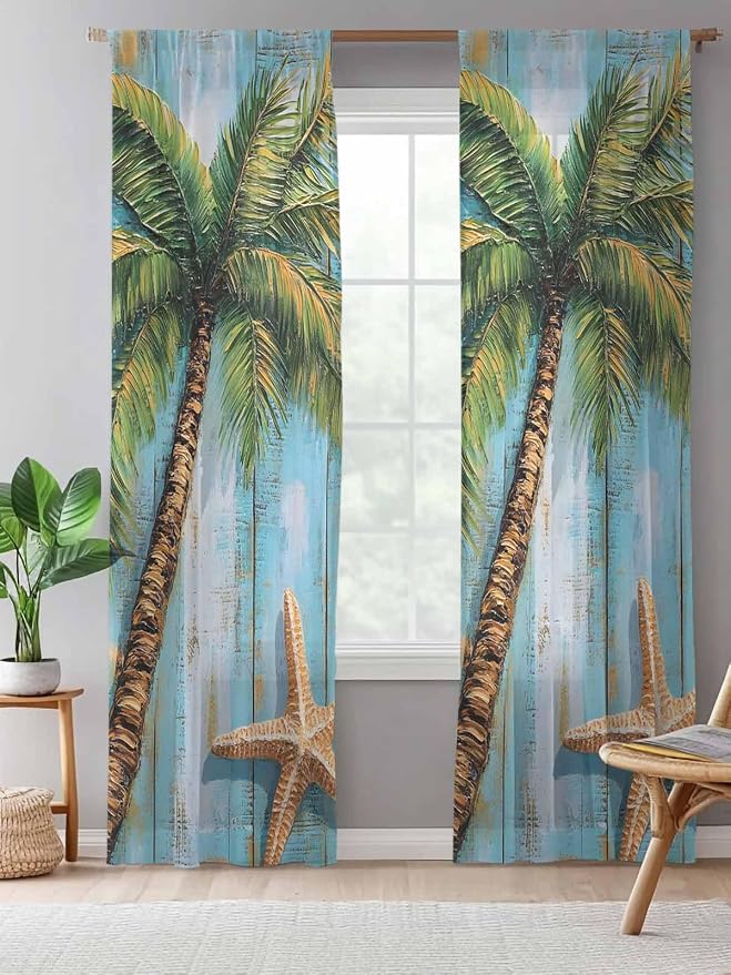 Sheer Curtains 108 Inches Long, Coastal Beach Tree Semi Sheer Curtains Light