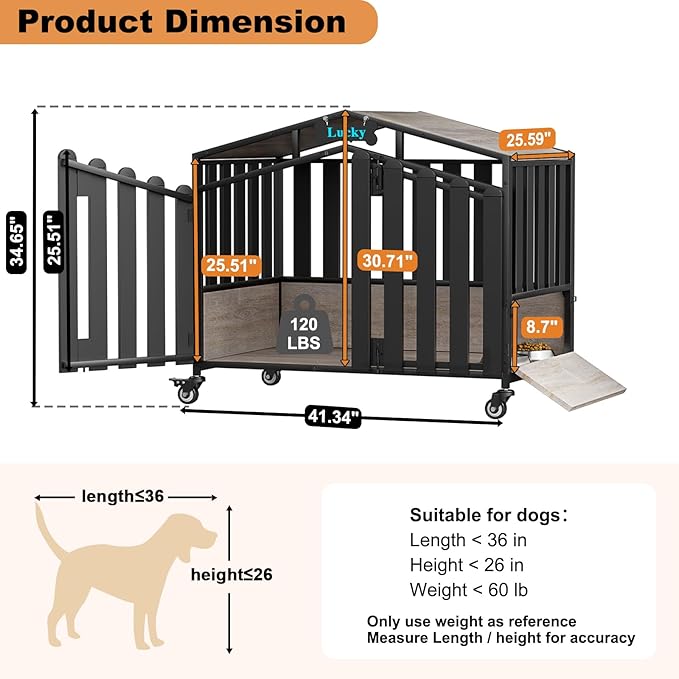 EasyCom 41“ Heavy Duty Dog Crate Furniture, Dogs Kennel Indoor with 360° Wheels, Decorative Dog Kennels for Medium Dogs, Dog Crate with Feeding Window and Name Tag, Dog House, Oak Grey