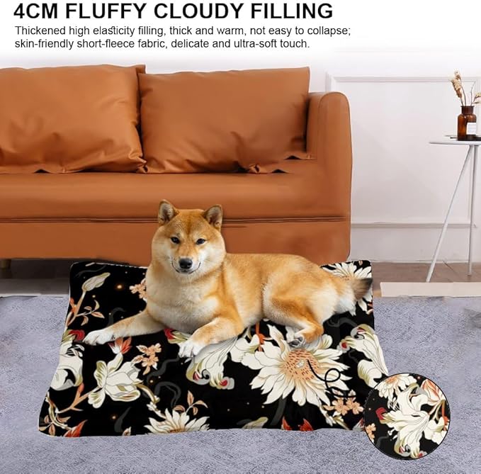 Night White Floral Washable Dog Beds Medium Sized Dog Crate Mattress Pad Kennel Pad Crate Cushion Washable Non-Slip Beds for Small Dogs Bed Mat Paw Cushion Indoor Outdoor 24X18 Inch