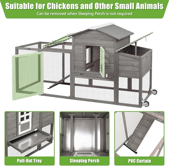 Wooden Chicken Coop Cage Outdoor Indoor Hen House with Nesting Box, Waterproof Roof, Removable Tray for Poultry Pets Enclosure Garden Backyard (Grey)
