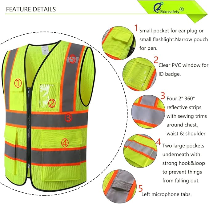 Reflective Mesh Safety Vest for Men Women with 5 Pockets and Zipper Front High Visibility Mesh Vest Hi Vis Construction Work Vest,Meets ANSI/ISEA Standards(EK175-Yellow-2XL-1)