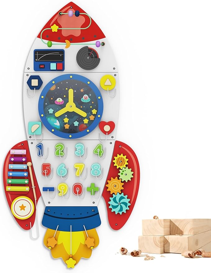 BlueWood Wooden Wall Busy Board Panels, Toddler Learning Activity Center, Montessori Philosophy Sensory, Educational Toys, Conducive to All-Round Development - Rocket