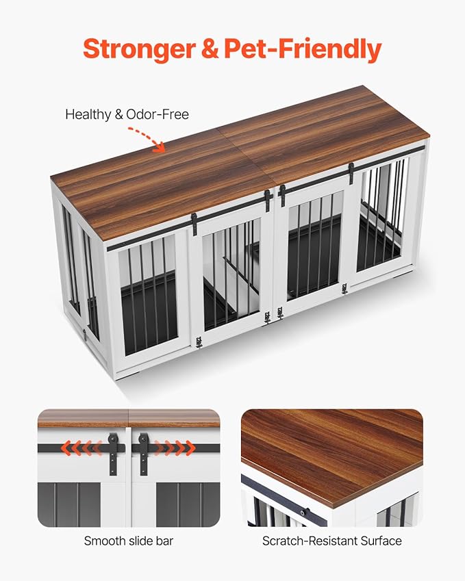VEVOR 72"Dog Crate Furniture for 2 Dogs,Double Dog Crate Furniture with Double Sliding Doors,Large Dog Crate TV Stand with Removable Tray,Steel Frame Double Dog Crate for Small,Medium,Large Dogs White