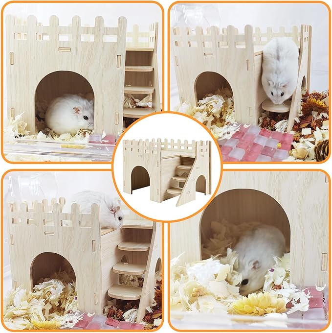 Hamster House,Tiny House with Slide House, Double-Decker Hut, Hamsters Cage Accessories,Small Animal Habitat Decor for Hamsters