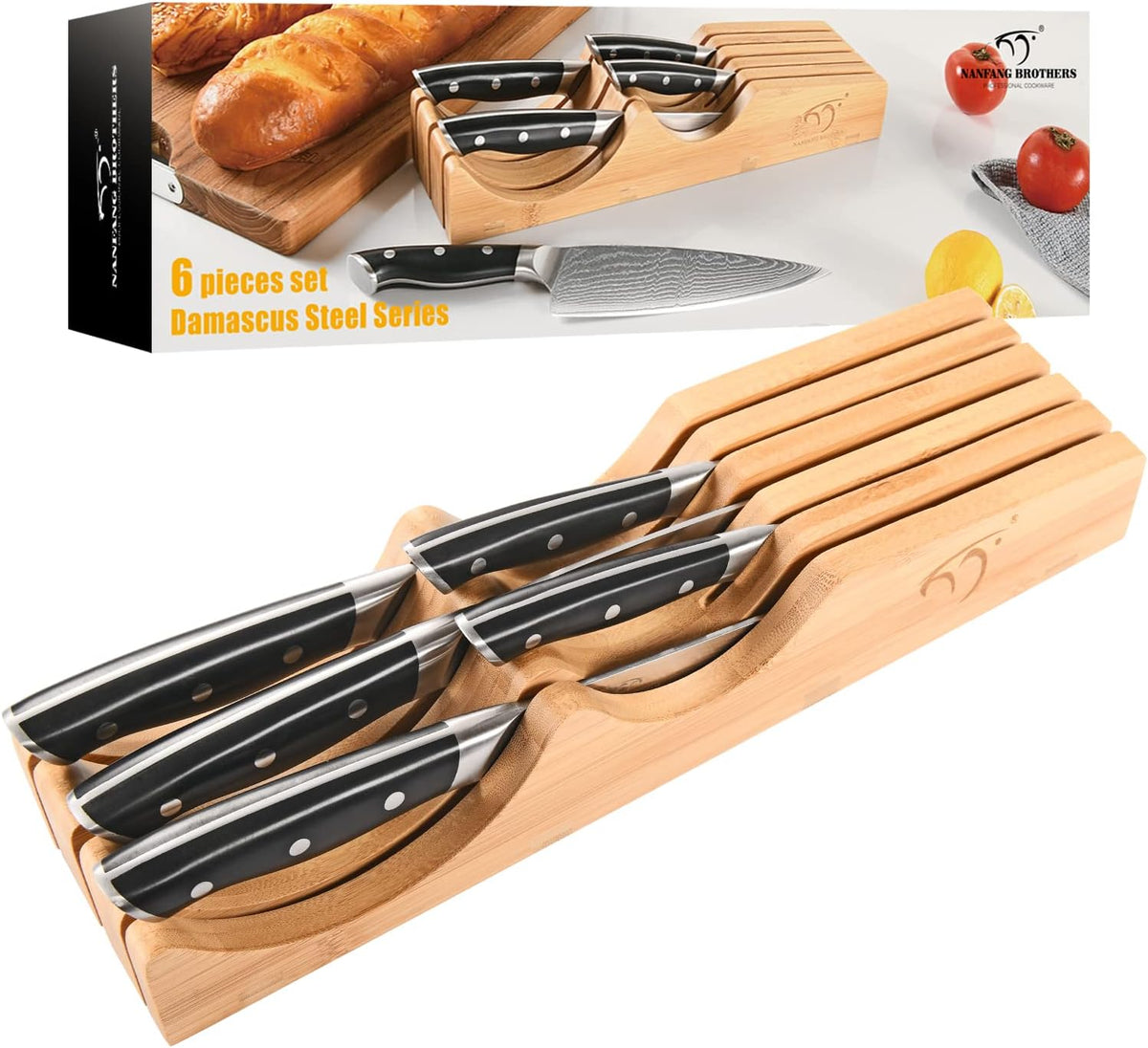 NANFANG BROTHERS Knife Drawer Organizer with 5 Pieces Damascus Knives