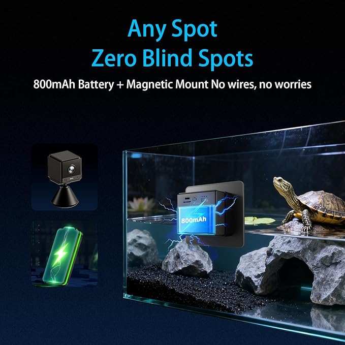 2K HD Turtle Terrarium & Tank WiFi Camera, 140° Wide-Angle Anti-Glare Lens, Night Vision, Two-Way Audio, AI Motion Alerts, 24/7 Recording, Easy Stick-On Install for Pet Turtles