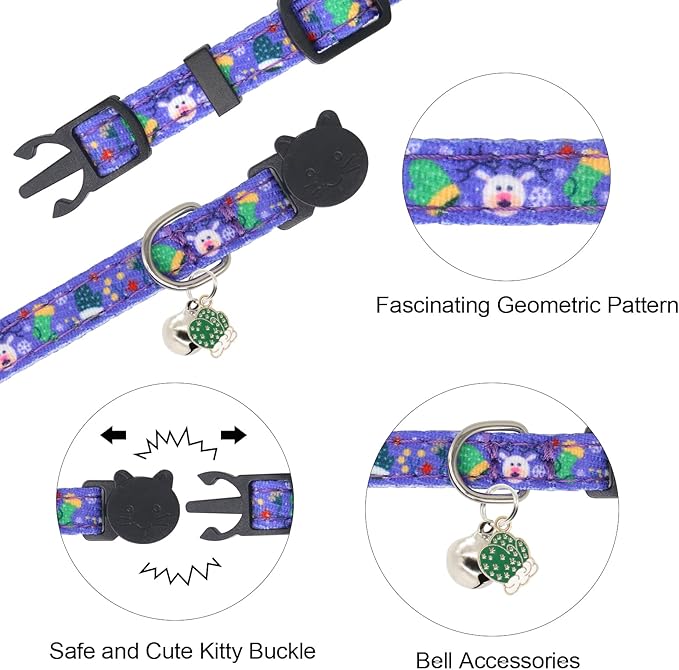 Christmas Cat Collar, Cotton 2 Pack Cat Collar with Bells, Breakaway Collars for Girl Boy Kittens, Santa