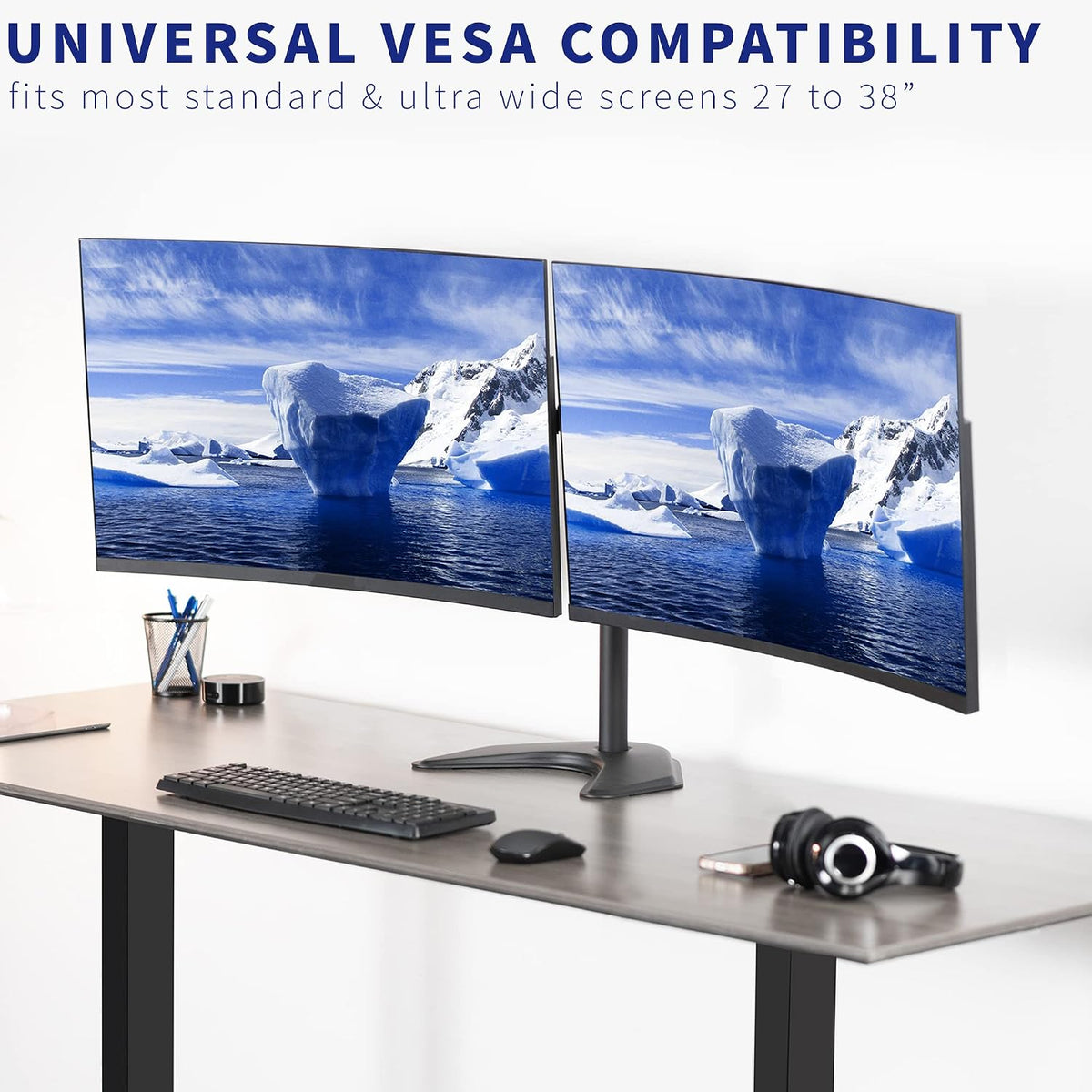 VIVO Premium Dual Ultra Wide LCD LED 27 to 38 inch Monitor Desk Stand, Heavy Duty, Free-Standing Telescoping Arms, Flush Wall Setup, Fits 2 Screens, Black, STAND-TS38B