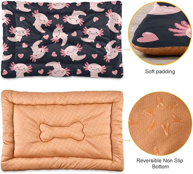 Emelivor Cute Axolotl Heart Black Dog Cat Bed Washable Crate Pet Bed Anti-Slip Comfortable Crate Pet Puppy Bed Mat for Indoor Small Medium Large Dogs,36x24in