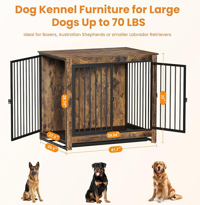 Dog Crate Furniture, 42 Inch Indoor Large Dog Kennel for Medium to Large Dogs Up to 70 LBS, Heavy Duty Wooden Pet Cage End Table with 3 Doors, Alloy Steel Frame & Removable Tray