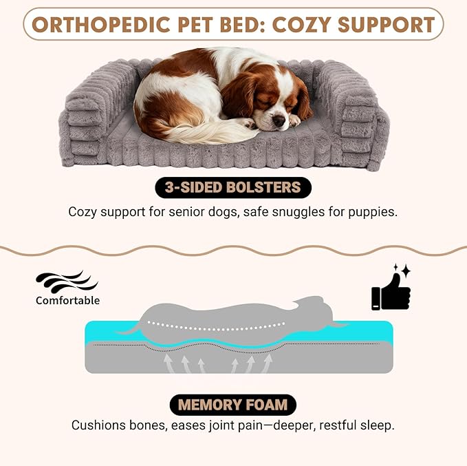 Beside Dog Bed,Adjustable Height Dog Bunk Beds,27.5''x 18''Metal Dogs Bed Frame with Washable Removable Corduroy Cover,Memory Foam Pet Bed with Sides,Medium