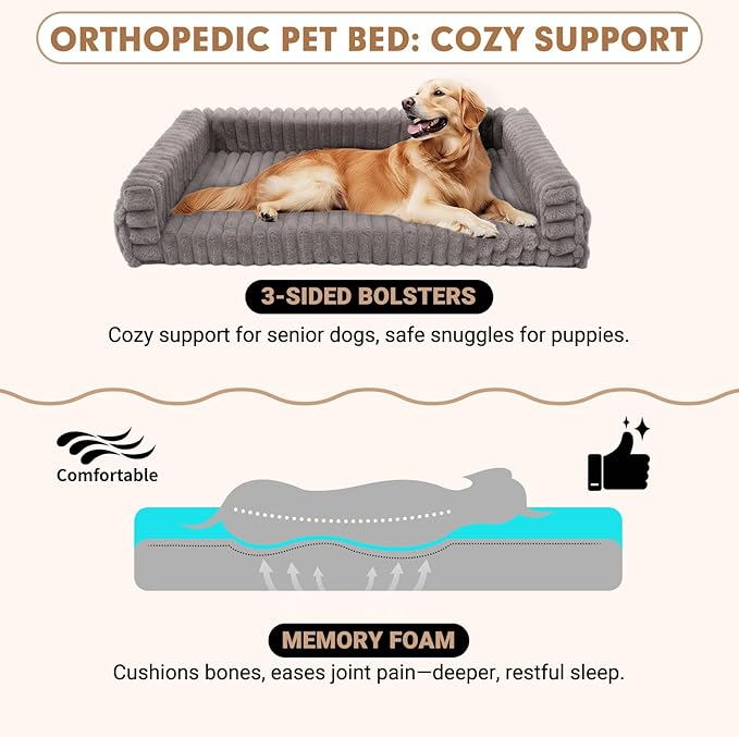 Adjustable Bedside Dog Bed for Large Dogs, Elevated Dog Co-Sleeper with Metal Frame, Memory Foam Mattress & Washable Corduroy Cover, Pet Bedside Sleeper for Dogs & Cats