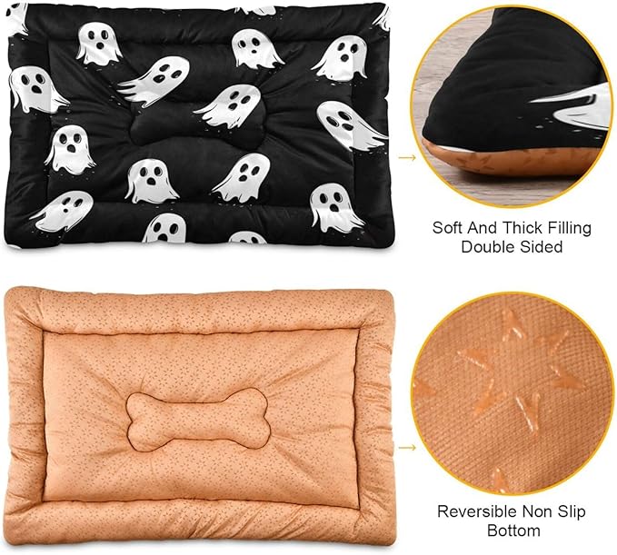 Halloween Dog Bed Mat - Ghost Spooky Comfortable Pet Kennel Washable Cat Crate Pad Sleeping Mattress for Large Medium Small Dogs - 36 x24 Inch