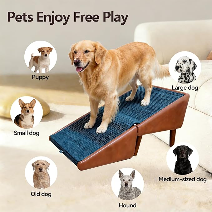 Dog Ramp for Dogs and Cats, 16" W 2-in-1 Split Ottoman Dog steeps for Bed,Solid Wood, Gentle 23 Incline, Foldable Pet Stairs for Large and Small Dogs (Brown)