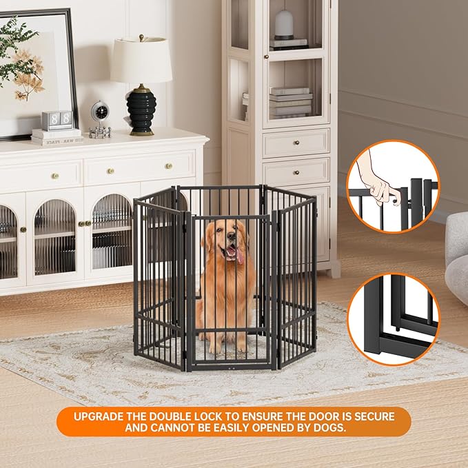 Full Metal Freestanding Dog Gate with Door, 36''Height Foldable Pet Dog Fence for Indoor & Outdoor, 6 Panels Extra Wide Free Standing TallDog Gates for Doorways,House,Stairs,Porch,Deck,Yard