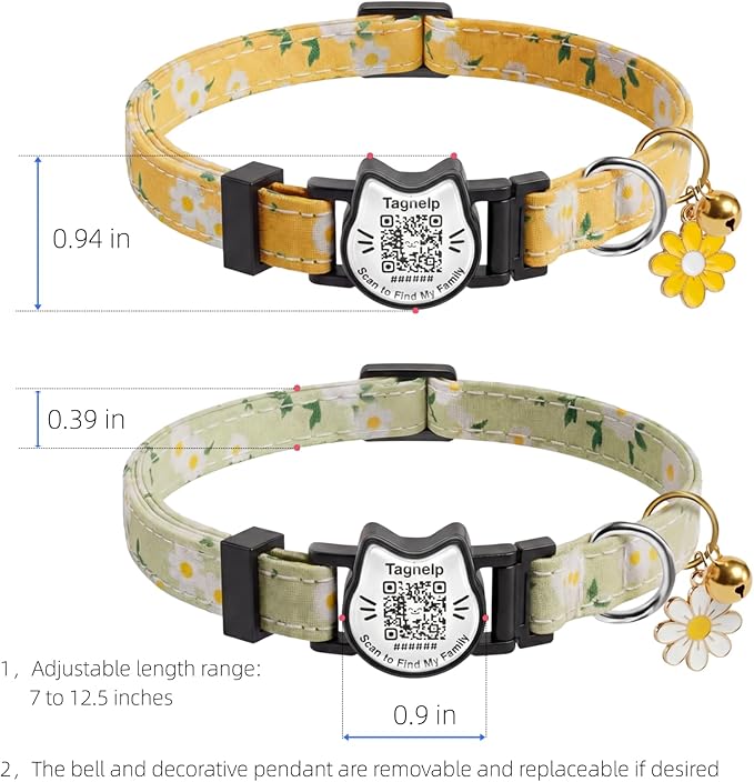 QR Code Cat Collar with Breakaway Safety Buckle, Adjustable Cotton Kitten Collar with Bell, Online Pet Profile Scan ID Tag for Lost Cats,Flower Pendant(Green)