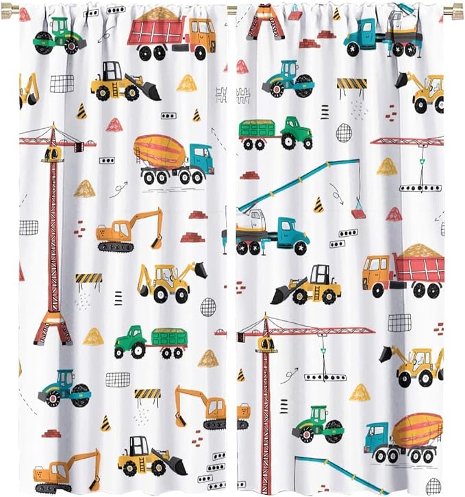 Construction Window Curtains, Kids Cartoon Construction Machines Building Hand