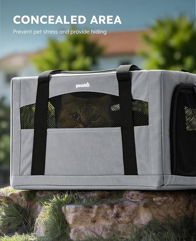 Pecute Cat Carrier Stable, Pet Carrier with Hidden Anxiety Relief Partition & Stable Steel Frame, Safe Cat Carrier for Car Travel, Soft-Sided Dog/Cat Carrier Bag for Pets Up to 11lbs, Gray