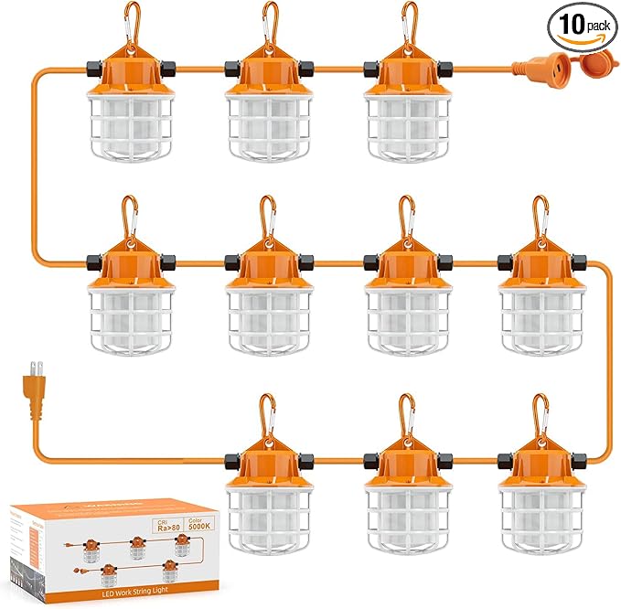 NS 100FT Construction String Lights 150W LED Industrial Grade 15000LM 5000K IP65 Linkable for Construction Sites, Temporary Work, Renovation, Jobsite,All Outdoor Lighting, with 10 Bulbs and Hook