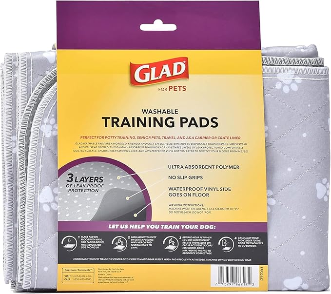 Glad for Pets Washable Training Pads, Medium Size (24”x36”), 6 Pack Gray with Paw Prints| Re-usable Cloth Dog Training Pads with 3 Layers of Leak Protection and No Slip Grip Vinyl Bottom
