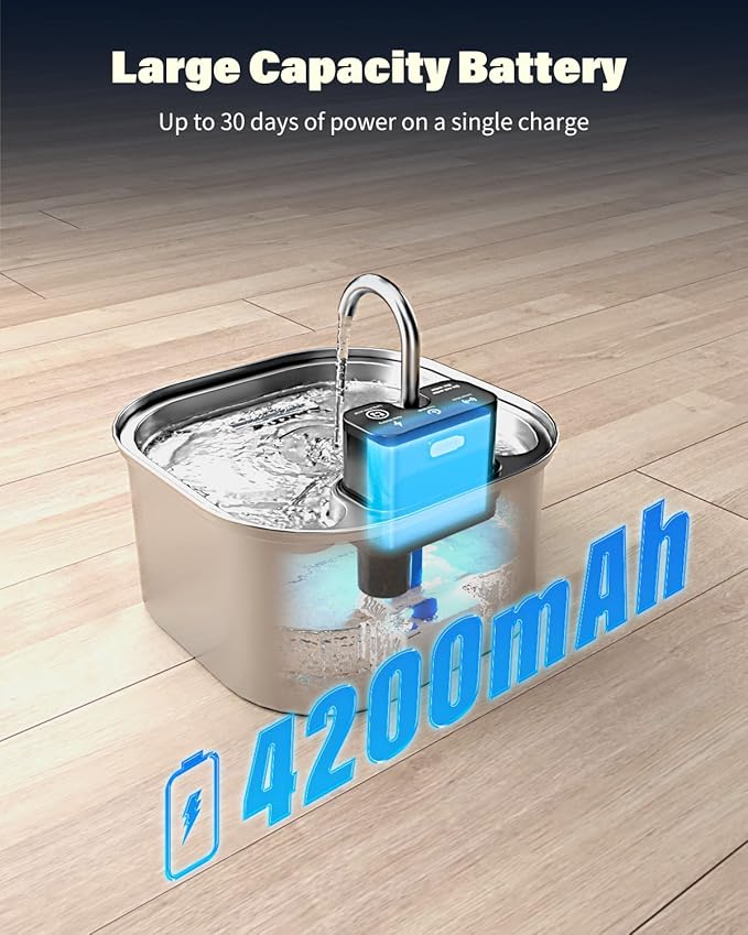 Wireless Cat Water Fountain Stainless Steel 3.2L/108oz, Battery Operated Pet Fountain with 3 Modes, Cordless Pet Water Dispenser for Cats and Dogs
