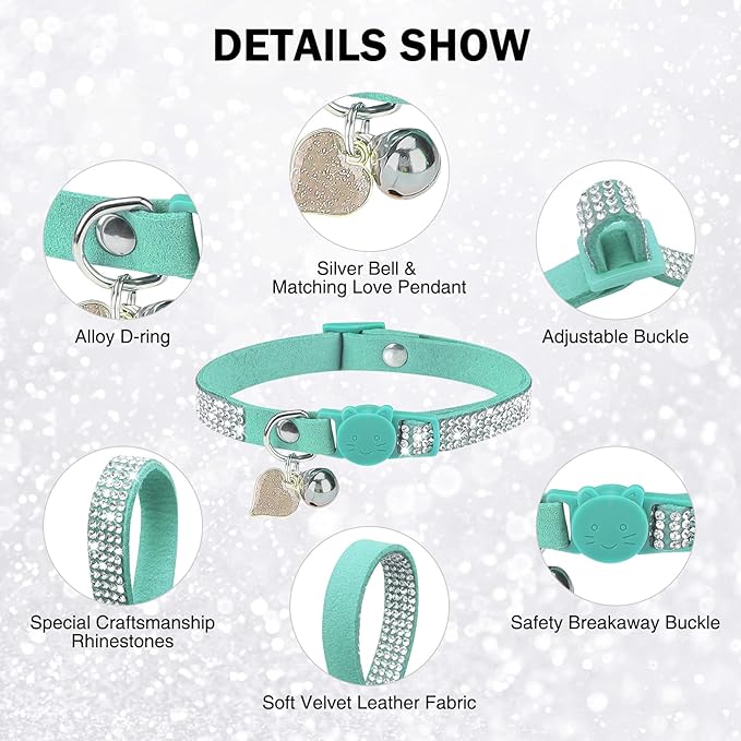 Rhinestone Cat Collar Breakaway with Bell, Diamond Cat Collar with Safety Buckle Quick Release for Girl Boy Small Kitten Pets Puppy,Cute Soft Female Male Cat Collars, Color Green 8-12"