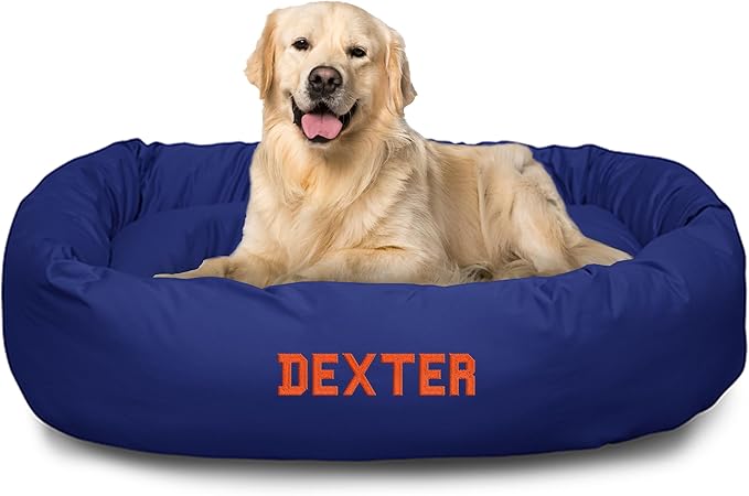 Majestic Pet Personalized 40 Inch Bagel Calming Dog Bed Washable – Cozy Soft Round Dog Bed with Spine Support for Dogs to Rest Their Head - Fluffy Donut Dog Bed 40x29x9 (Inch) - Large – Blue