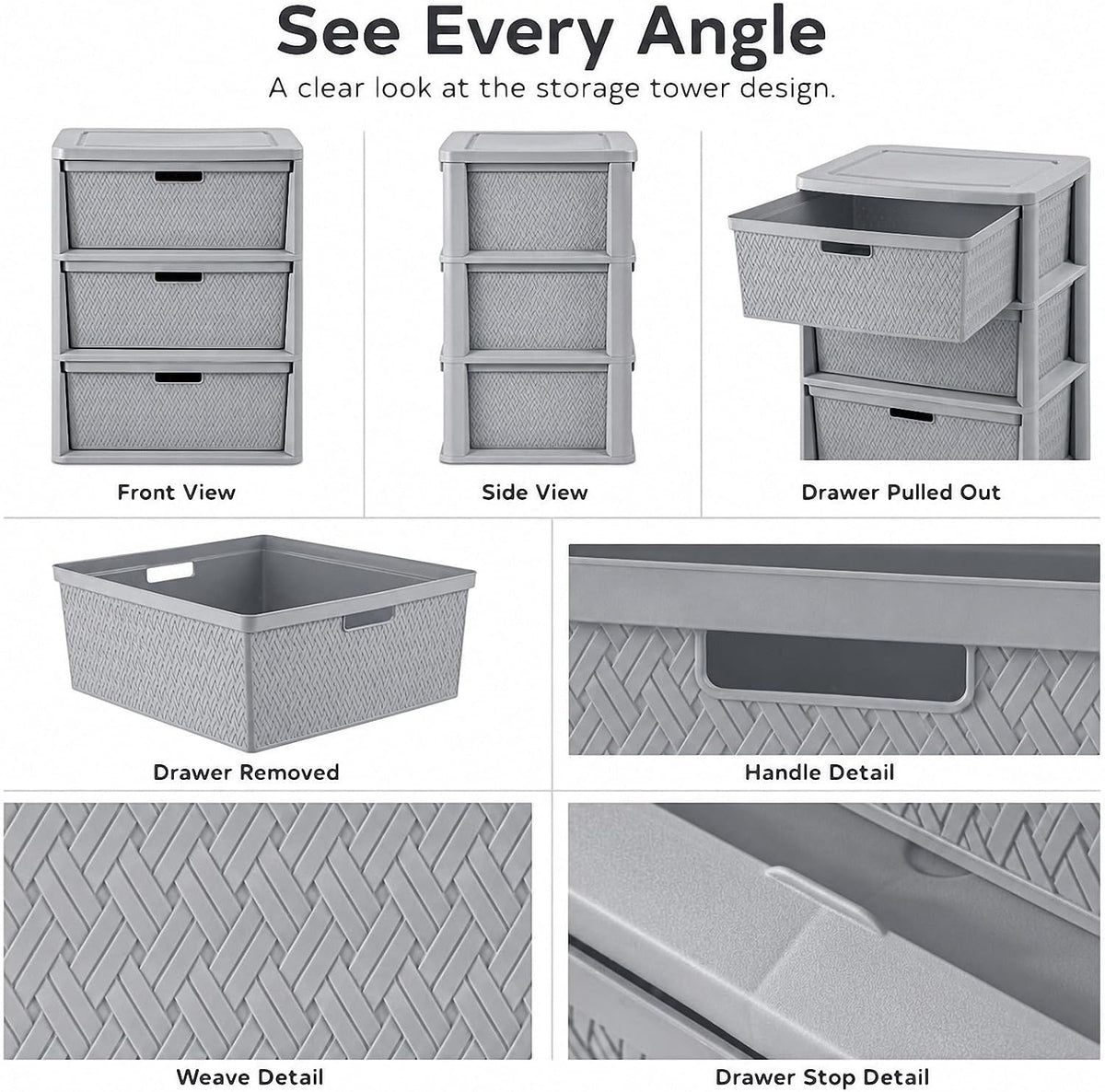 3 Drawer Storage Organizer, Plastic Drawer Organizer Tower, Gray