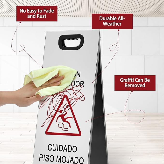 2 Pcs 24 Inch Stainless Steel Wet Floor Sign, Heavy Duty Caution Wet Floor Sign Double Sided Portable Foldable Bilingual Safety Warning for Restaurant Restroom Office Avoid Fall(Silver)
