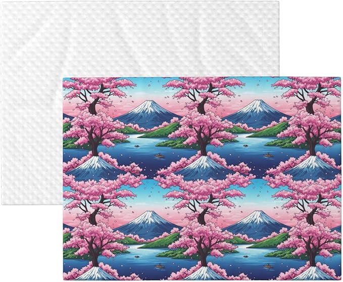 Two Sided Plush Pet Blanket for Warmth Comfort, Hokusai Japan Ink Cherry Flower Mount Fuji Painting, Reversible Throw with Cozy Nubby Side for Chilly Nights Napping Spots Around House