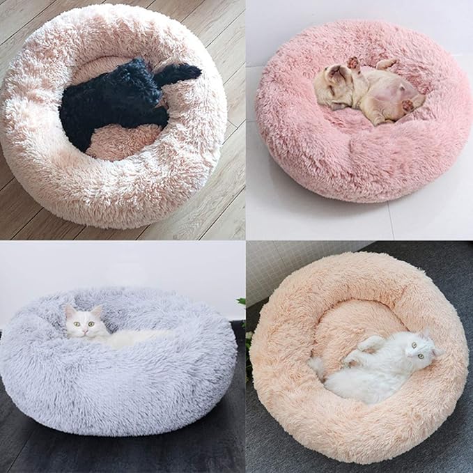 huraty Plush Calming Dog Bed, Faux Fur Donut Cuddler Bed for Cats, Anti-Skid & Anti-Anxiety, 20 Inch for Puppy and Kitties, Lilac, S