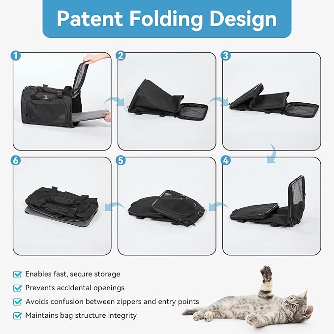 Airline Approved Pet Carrier for Small Dogs & Cats Up to 15lbs, Soft-Sided, Foldable, Ventilated, TSA Travel Bag with Fleece Pad, Safety Straps, Washable Portable Cat Dog Airline Travel Tote