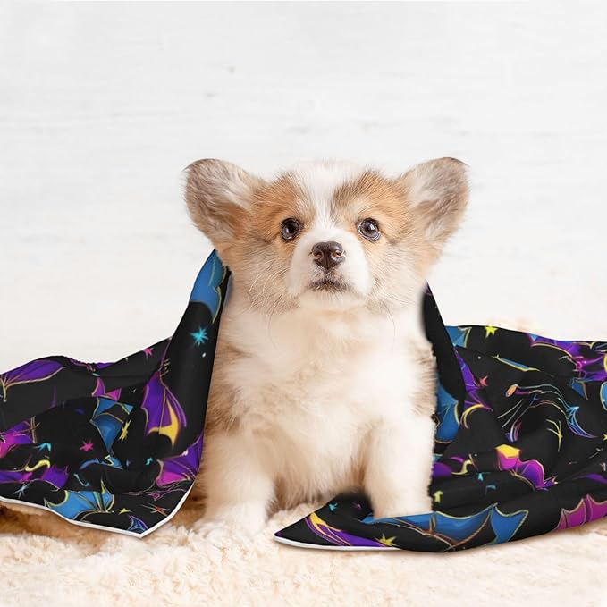 Two Sided Plush Pet Blanket for Warmth Comfort, Halloween Cool Bats, Reversible Throw with Cozy Nubby Side for Chilly Nights Napping Spots Around House