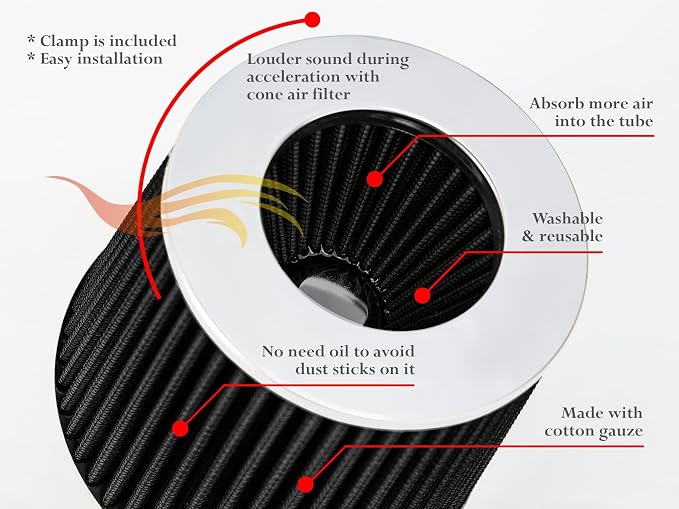 BLACK 4" 102 mm Inlet Truck Air Cone Replacement Performance Washable Clamp-On