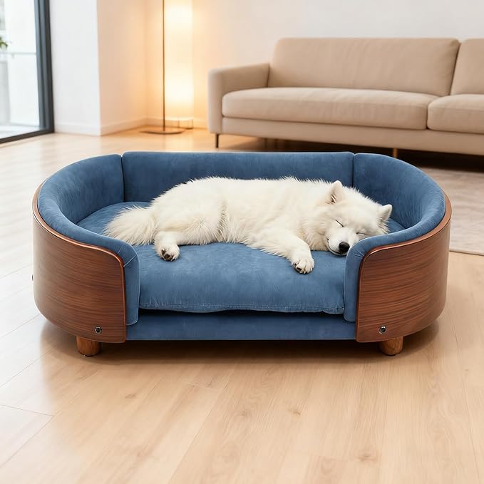 Modern Elevated Dog Sofa, Small Dog Couch with Removable Washable Cover Ultra-Soft Crystal Velvet Sofa Bed for Cute Cats and Small Dogs Suitable for Pets or Cats Under 22 lbs,Blue Boat Shape, S