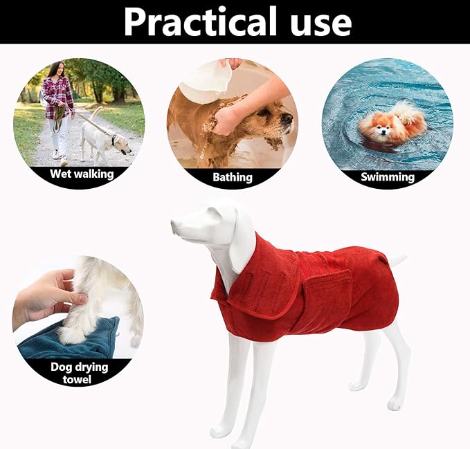 Geyecete Dog Drying Coat - Fast Drying Dog & Cat Bath Robe Towel - Microfibre Super Absorbent - Luxuriously Soft - Red - XXL