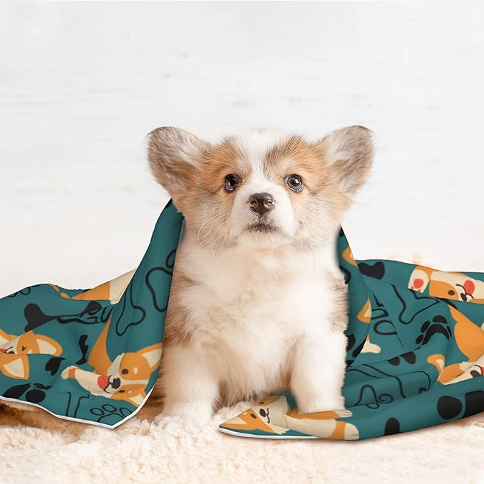 Corgi Throw Blanket - Paw Print Blanket for Dog Cat Blue Pet Blankets 23x16 for Couch Sofa Bed