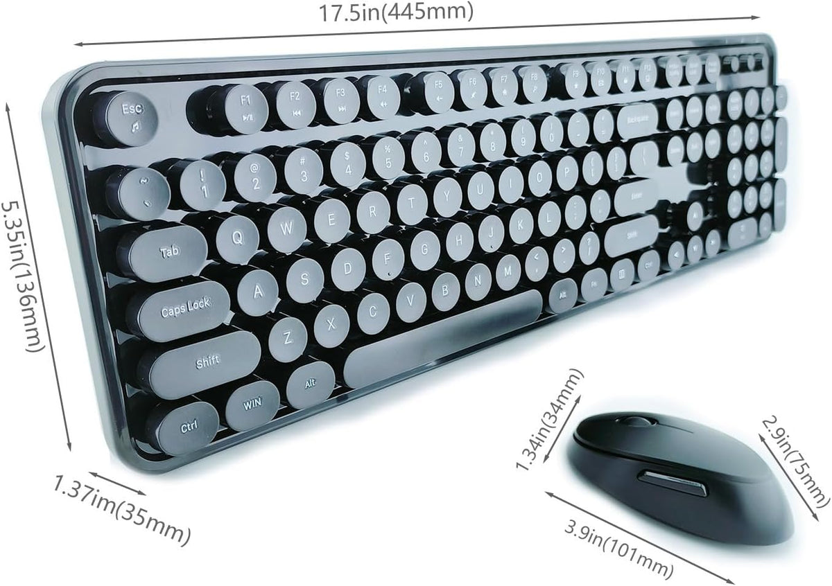 Wireless Keyboard and Mouse Combo, Retro Style Keyboard with Round Keycaps, 2.4GHz Dropout-Free Connection Mouse with 3 Adjustable DPI for Windows Notebook PC (Black)