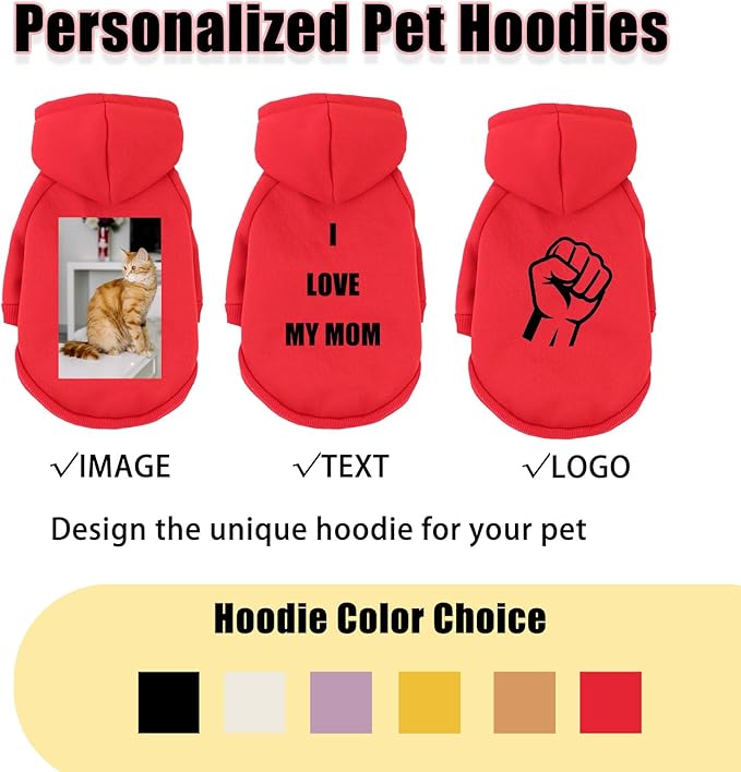 Custom Dog Hoodie, Personalized Sweatshirt with Photo Text Name Logo, Customized Hooded Sweater for Small Medium Large Dogs & Cats (Red, Medium)
