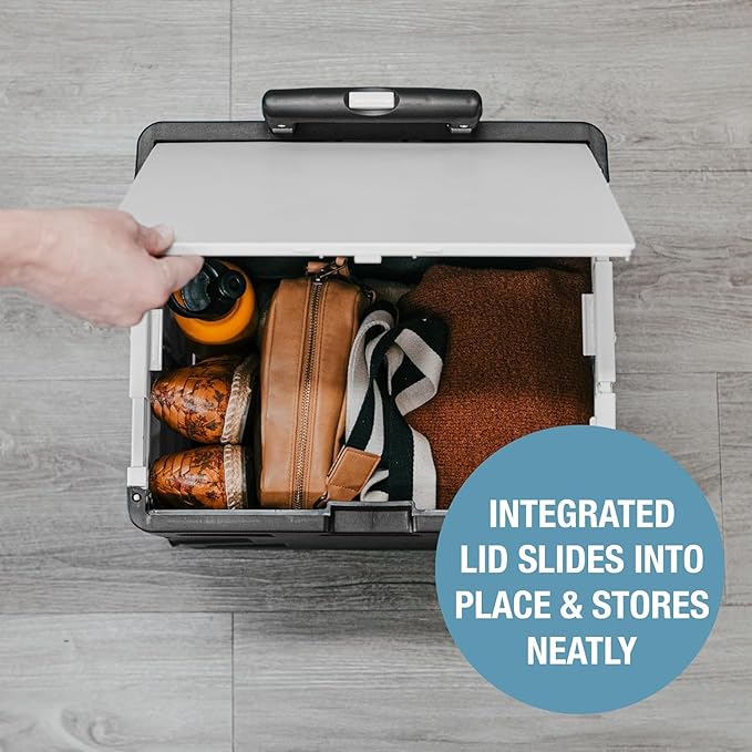 CleverMade Collapsible Wheeled Crate with Lid, 4-Wheels - Swivel and Glide Rolling Crate with Handle and Double Wheels for Easy Transport and Versatile Use - 55L and 100lb Capacity, Cool Gray
