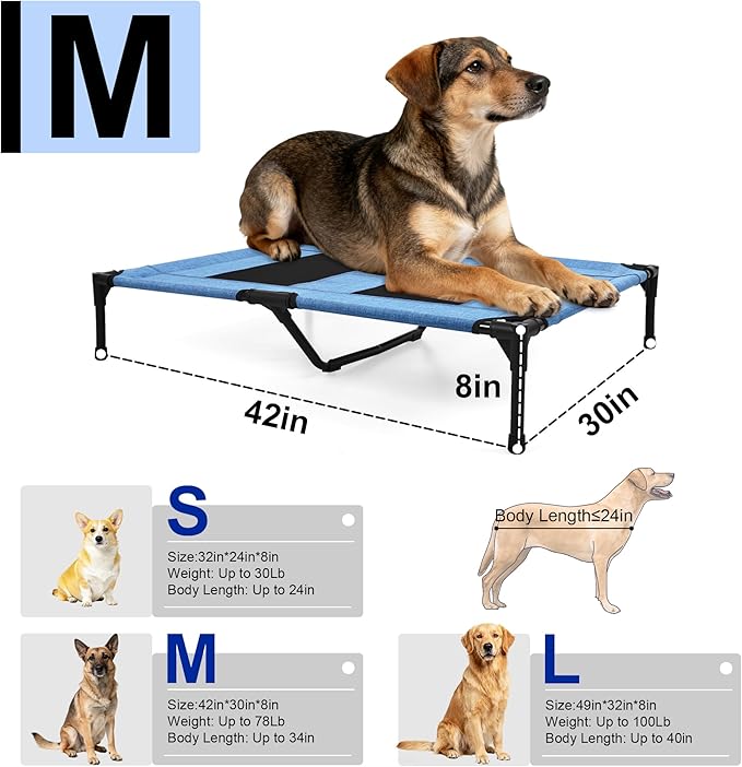 Raised Dog Bed Cooling Cot for Indoor Outdoor Use Portable Waterproof Mesh Pet Bed Washable for Large Medium Small Dogs, Blue