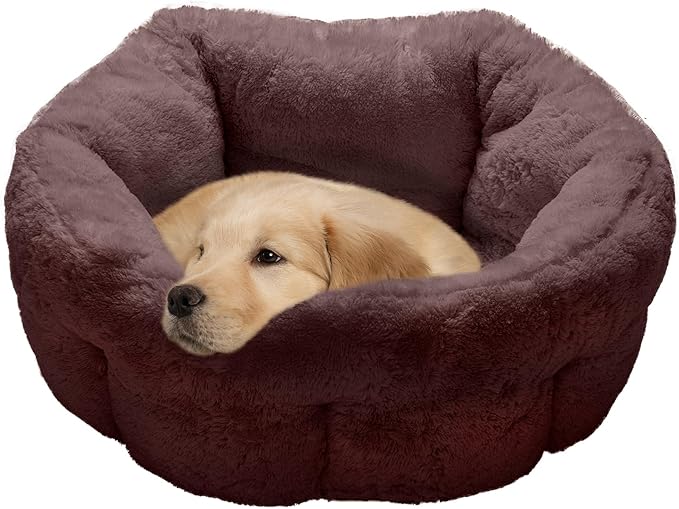 Furhaven 23" Round Self-Warming Pet Bed for Indoor Cats & Medium/Small Dogs, 100% Washable, For Pets Up to 45 lbs - Hi Lo Plush Luxe Faux Fur Cuddler - Sable Brown, Medium, 23.0"L x 23.0"W x 15.0"Th