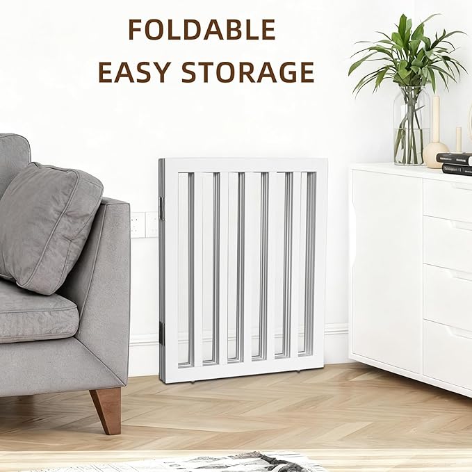 Dog Gate Indoor, Freestanding Dog Fence for The House, Doorways, Hallways,or Stairs,Pet Gate Foldable Wooden,Expandable 32" Height 6 Panels,White