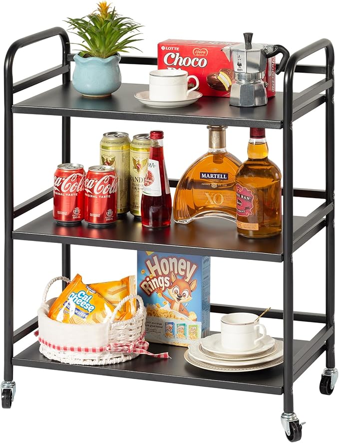 HDANI 3 Tier Metal Utility Multipurpose Rolling Cart,Large Capacity Heavy Duty Cart with Lockable Wheels Rolling Cart with 2 Lockable Wheels for Home,Office,Kitchen,Bathroom,Bedroom(Black)